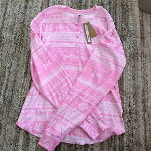 SKIMS Logo Plush Pointelle Henley Bubble Gum Bow Fairisle PajamaTop L SKU696